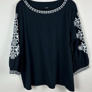 Chic Black Blouse with White Embroidery
